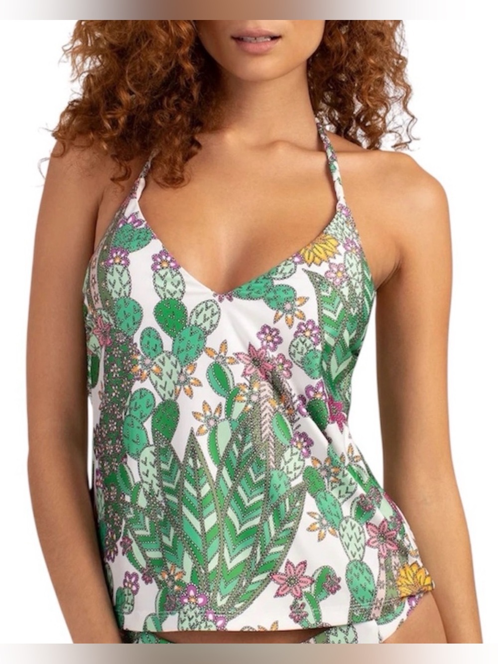 Trina Turk Tankini Top with Green & Pink Cactus Print